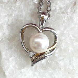 Heart Shaped Faux Cultured Pearl Sterling Silver Vintage Pendant Necklace - 24"